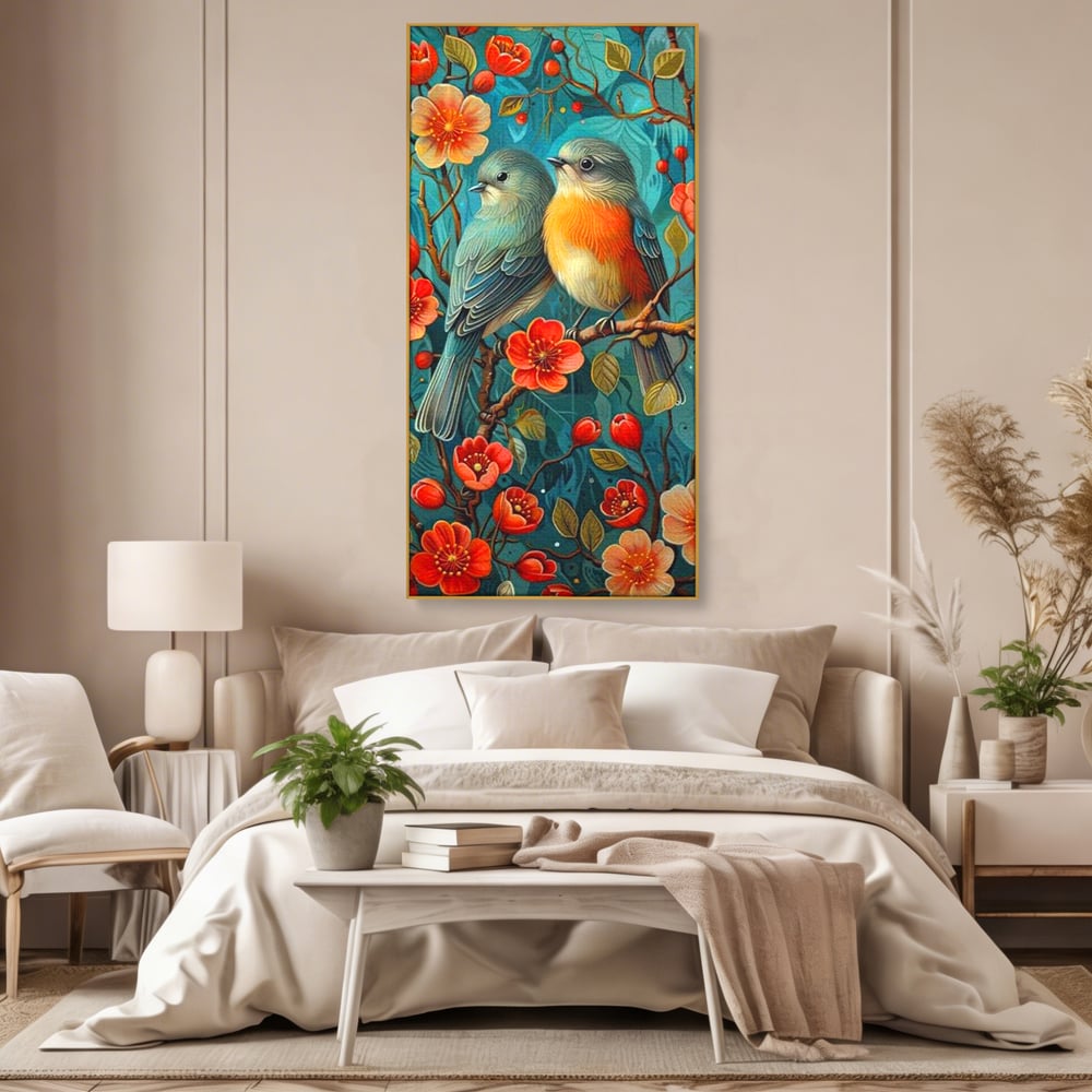 Tablou canvas cu tablou canvas cu pasari pe creanga, in rama de aluminiu auriu, pe perete intr-un dormitor